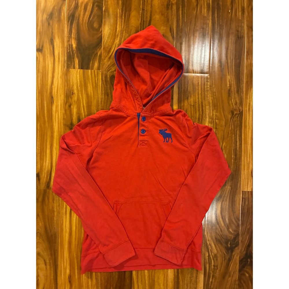 Abercrombie Kids Boys XL Red Muscle Hoodie Henley Long Sleeve Shirt Moose Logo